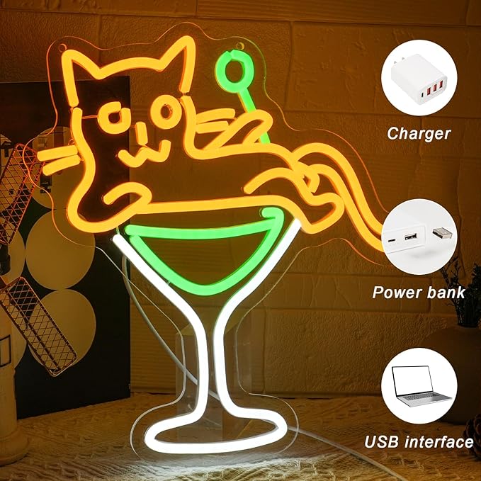 Cat Martini Neon Sign Cat LED Wall Light Yellow Animal Neon Lights for Bar Dimmable Cocktail LED Neon Signs for Kitchen, Home Decor, Cocktail Lounge, Cat Lover Gift
