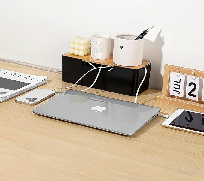 BUYSK ABS Cord Organizer Box with Wooden Lid, Cable Management Box for Power Strips or Surge Protectors, Desk Cable Tidy Box for Office Home(Black)