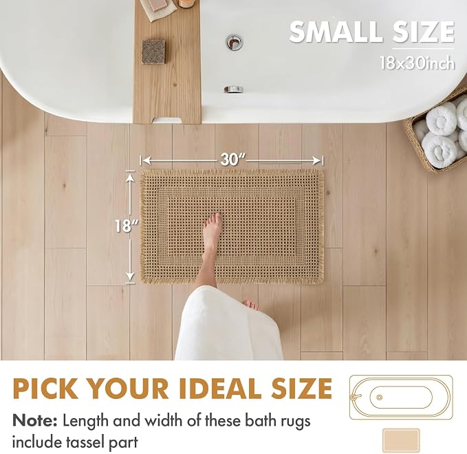 MIULEE Set of 2 Waffle Bathroom Rugs, Boho Bath Rug Super Absorbent, Non Slip Washable Ultra Soft Rubber Backed Shower Bath Mats for Floor, Tub, Shower, Looped Design, Brown, 17x24 Inch