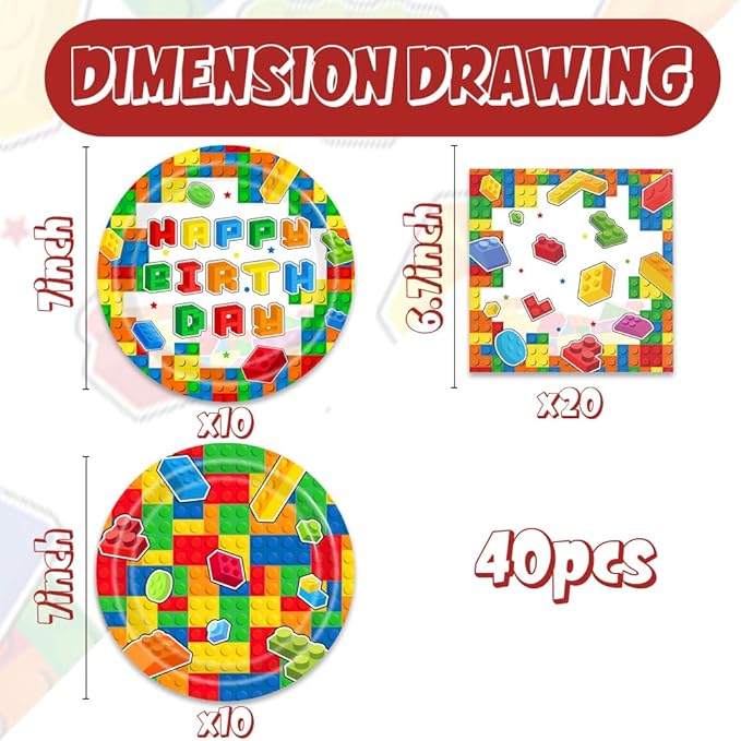 40Pcs Building Block Birthday Decorations Baby Shower Block Plates and Napkins Party Supplies Building Block Party Decorations