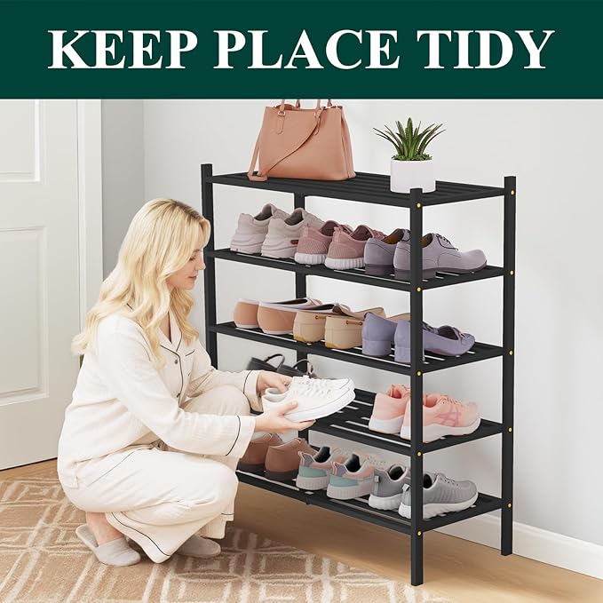 Smiry Bamboo Shoe Rack 5-Tier, Stackable Wooden Shoe Organizer for Entryway & Closet, Free Standing Wood Shoe Storage Shelf for Front Door & Small Spaces, Black