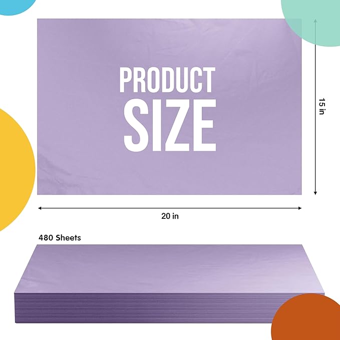 Party Solids Lavender Tissue Paper for Gift Bags - 15" X 20" Bulk Tissue Paper Lavender 480 Sheets - 10lb Newsprint for Packing, Birthday Gift Box Filler, Packing Supplies for Moving Supplies