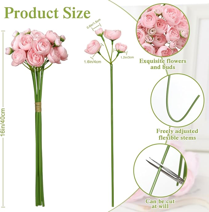Ranunculus Artificial Flower,18 Pcs Pink Faux Silk Mini Peony Flowers Fake Peonies Wedding Flowers DIY Bouquet for Centerpieces Arrangements Bridal Shower Decorations (Pink)