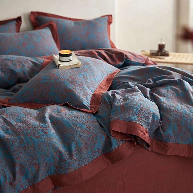 Vintage Blue Floral Duvet Cover Twin XL Size Forest Theme Jacquard Bedding Set Linen Cotton Yarn-Dyed Textured Duvet Cover Burgundy Reversible Tree Leaves Botanical Duvet Cover with Zipper Closure