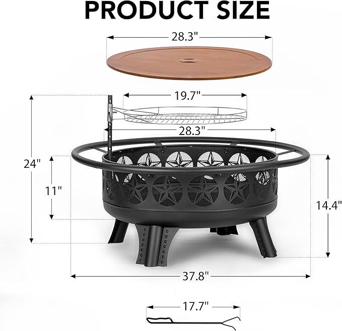 Verdeluxe 38” Wood Burning Fire Pits for Outside,3-in-1 Fire Pit with Grill, Spark Screen & Fire Poker,Outdoor Firepit Table with Swivel Cooking Grate for Yard BBQ Bonfire Patio Camping (38 inch)