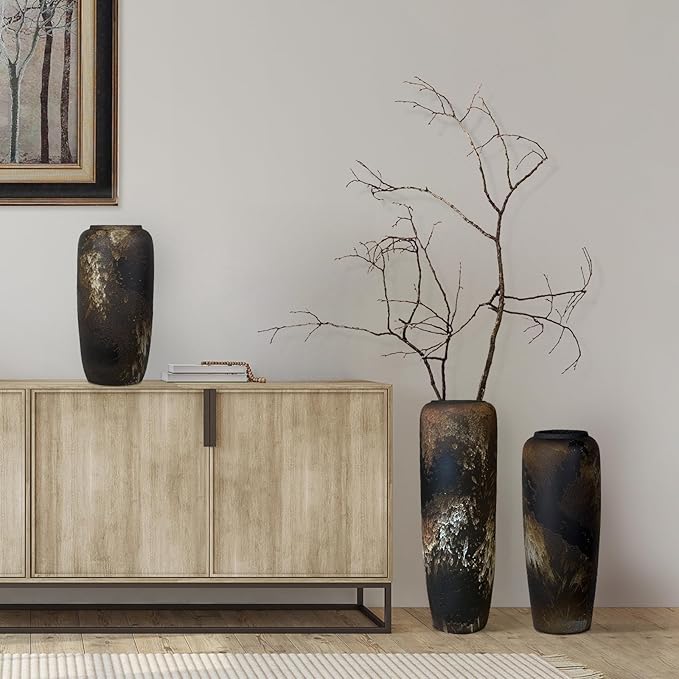 Black Rustic Ceramic Tall Floor Vase, 15.7 Inch Vintage Large Farmhouse Vase Pottery Clay Terracotta Rustic Vases for Home Decor Living Room Entryway Table Centerpieces,Kitchen,Housewarming Gifts