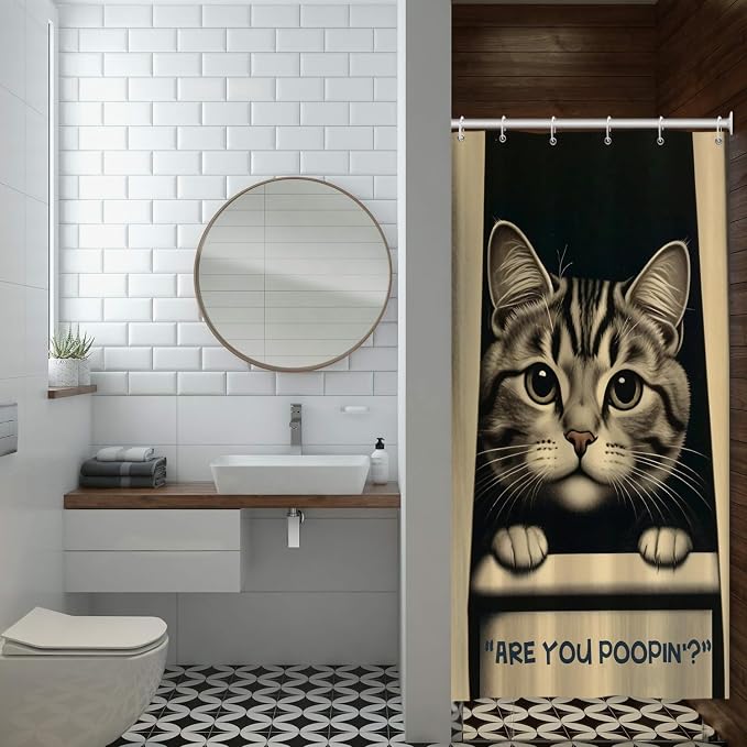 Cat Shower Curtains Cute are You Poopin' Funny Humorous Animal Whimsical Bathroom Curtain Curious Joke Cat Shower Curtain Sets for Bathroom Extra Long 36x72 in with 6 Hooks