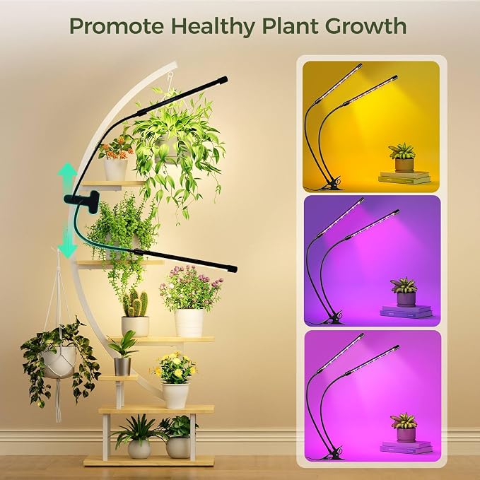 GREENSTELL Plant Stand Indoor with Grow Lights, 7-Tiered Tall Metal Plant Stand for Indoor Plants, Half-Moon Shape Display Shelf for Home,Living Room, Patio, White (1 Pack)