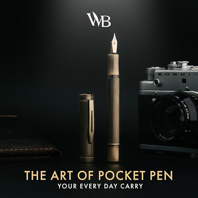 Wordsworth and Black Fountain Pen Mini EDC: Luxury Bronze Heavy Pocket Pen, Medium Nib, 6 Ink Cartridges, Ink Converter, Travel Refillable Writing Pen Gift Set, Men & Women