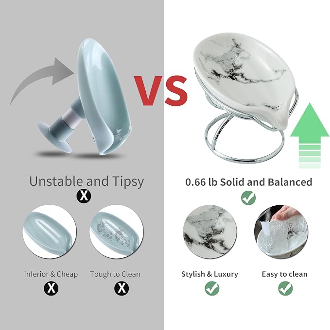Dobbyby Leaf-Shaped Soap Dish – Premium Ceramic Soap Bar Holder with Self-Drainage System – Bar Soap Holder for Shower, Bathroom Sink, Kitchen – Waterfall Soap Dish with Stainless Steel Stand (SLIVER)