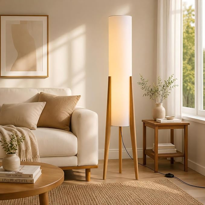 BOFEA-50 Floor Lamps for Living Room,Nordic Modern Floor Lamp,Tall Standing Boho Lamp with Fabric Shade,3 Color Art Standing Lamps,Farmhouse Wood Floor Lamp for Bedroom Office Corner