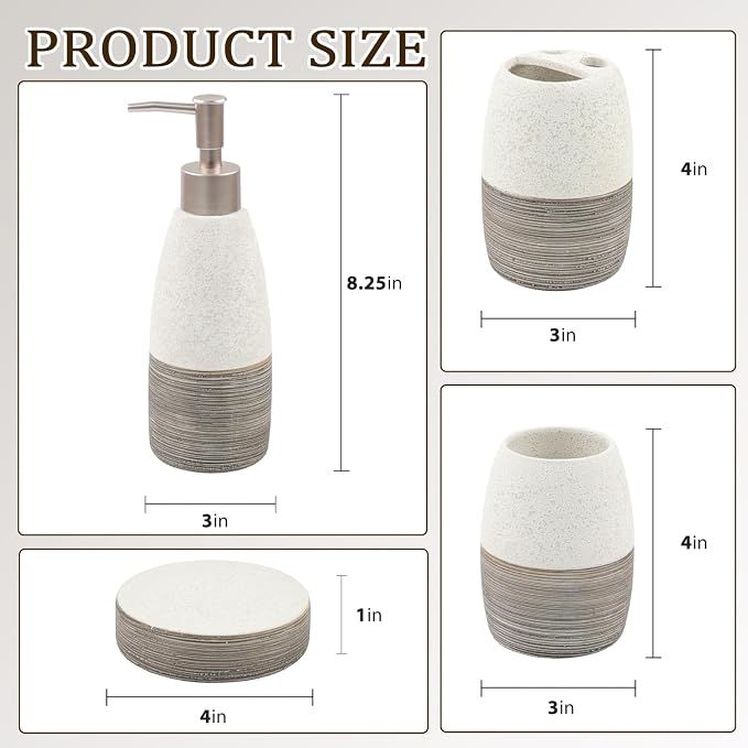 CERBIOR Bathroom Accessories Set,4 Pcs Ceramic Bathroom Decor Accessory,Includes Toothbrush Holder, Toothbrush Cup, Soap Dish for Decorative Countertop and Housewarming Gift, (Grey White)