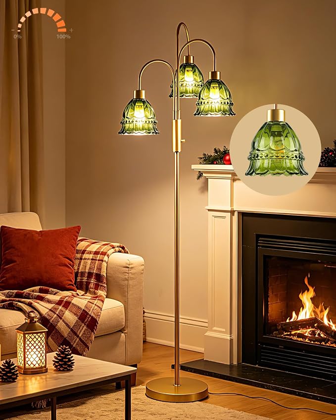 3-Light Glass Floor Lamp with Green Ribbed Glass Shades, 70" Gold Dimmable Tall Standing Lamp with 3PCS 3000K Warm White Bulbs, Modern Tree Pole Lamp for Living Room Bedroom Home Office Corner Decor