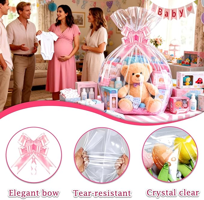 PigPotParty 30"x40" Clear Cellophane Gift Bags - Includes Bows – 10 Pack Large Cellophane Wrap for Gift Baskets, Plastic Gifts Bags for Gift Giving