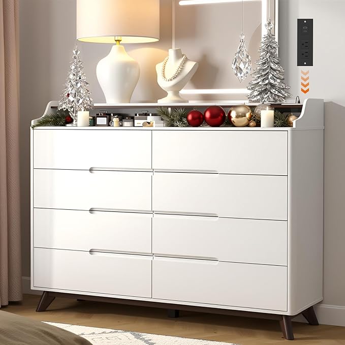 Dresser for Bedroom with 8 Drawers, 55" Large Dresser & Chest of Drawers with Charging Station, Wood Closet Clothes Storage Tall Dressers Organizer for Bedroom Living Room Hallway, White