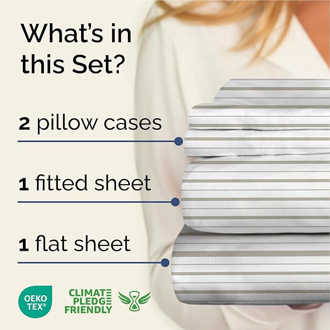 Striped Sheets - Light Grey & White Striped Sheets - 1 Flat & 1 Fitted & 2 Pillowcases w/ Deep Pockets – Wrinkle & Fade Free - Soft, Breathable & Cooling – Luxury Pinstripe Bedding - King Size Bed Set