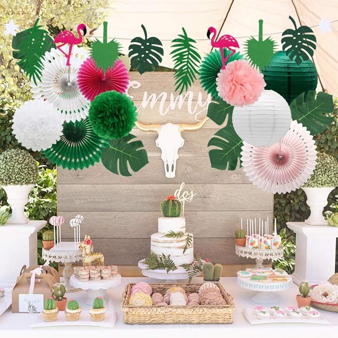 Tropical Flamingo Palm Leaves Party Decorations with Paper Fans Paper Lanterns Pom Poms Flowers for Birthday Bridal & Baby Shower Bachelorette Hawaiian Beach Pool Summer (Green)