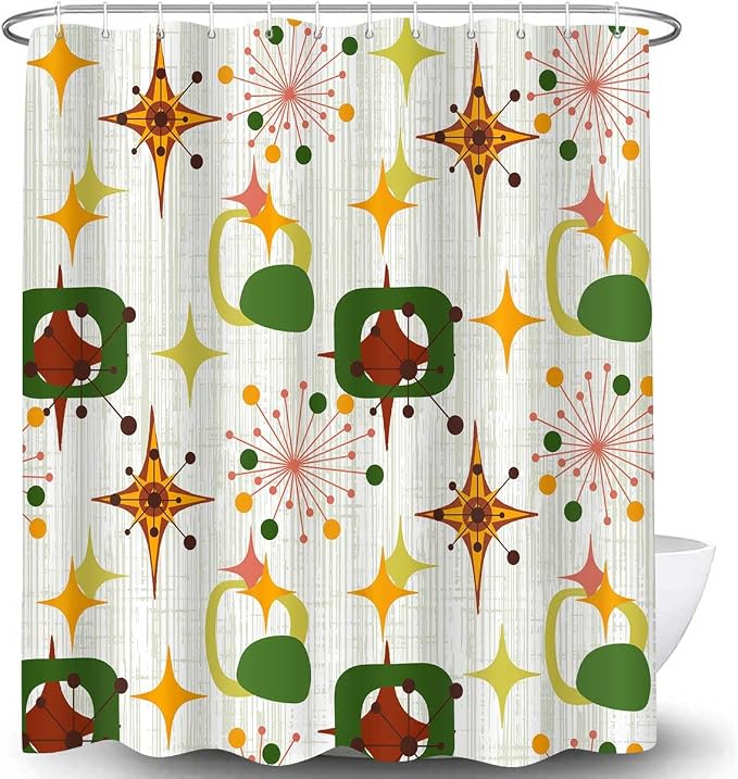 Mid Century Shower Curtain, 72x72inch, Modern Abstract Retro Green Striped Geometric Shower Curtain Sets 1950s Boho Bathroom Shower Curtain with 12 Hooks