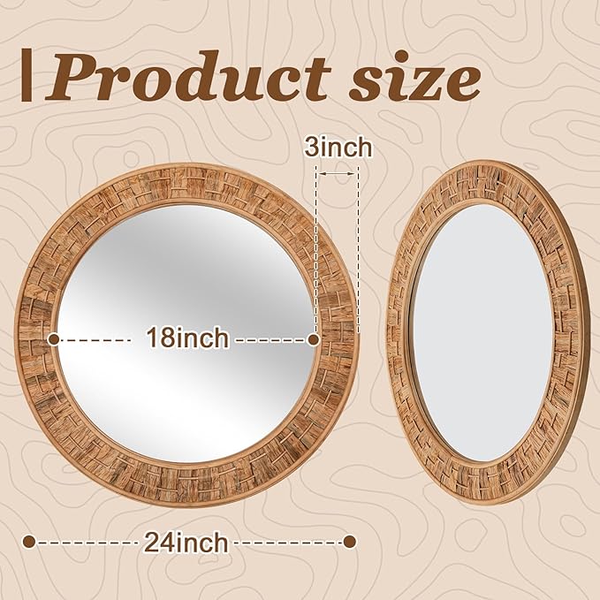 Vercraft 24 Inch Round Rattan Wicker Mirror, Rustic Boho & Farmhouse Style Handmade Woven Frame, Decorative Wall Mirror for Bathroom, Living Room, Bedroom, Entryway, Nursery Decor