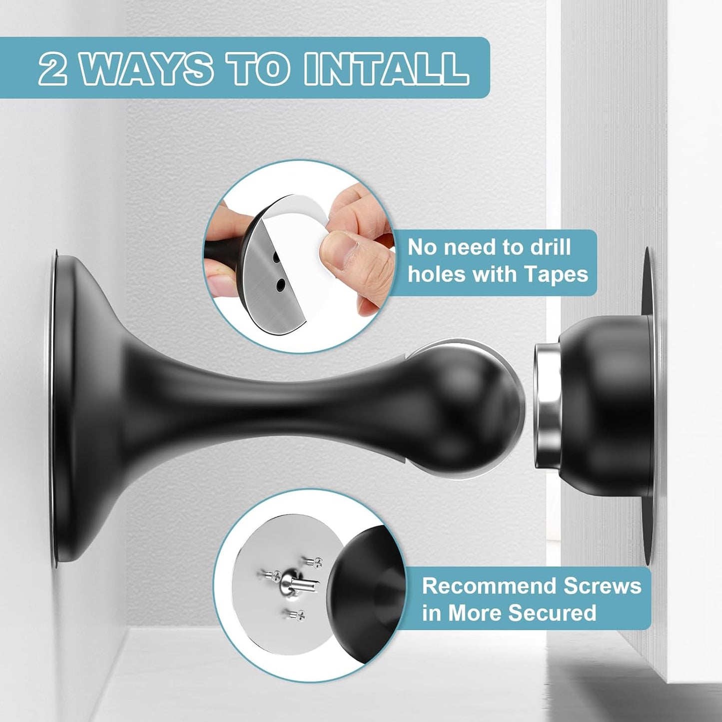 Skiennix Magnetic Door Stoppers - Stainless Steel Wall & Floor Mounting | No Drilling, 2 Pack, Black