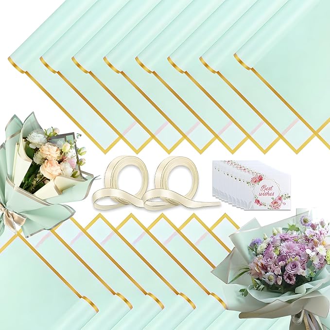 40 Sheets Light Green Flower Wrapping Paper, Gold Edge Waterproof Floral Wrapping Paper, 22.8x22.8 inch Bouquet Paper Wrap with 2 Rolls Ribbon for Wedding Birthday Gift DIY Crafts Florist Supplies
