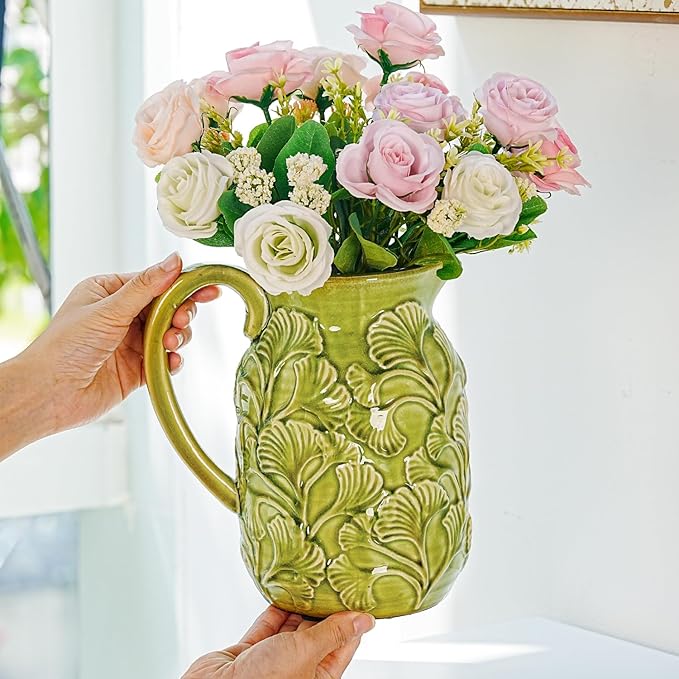 Sungmor Embossed Ceramic Pitcher Vase, Decorative Green Farmhouse Ceramic Pitcher for Flowers, Vintage Textured Vase for Table, Kitchen & Home Decor, 8 Inch with Ice Crackle Glaze Finish