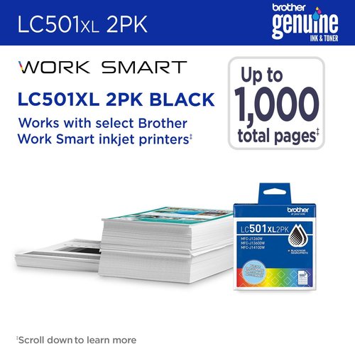 Brother Genuine LC501XL2PK High Yield Black Ink Cartridges - Twin Pack for Work Smart Printers