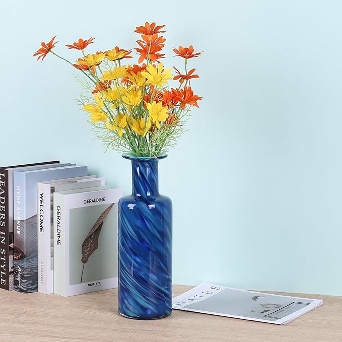 13" H Hand-Blown Glass vase, Modern Art Glass Cylindrical vase, Blue Glass Decorative vase, Ideal for Living Room Dining Table centerpieces, TV Console, Office, or Console Table Decor.