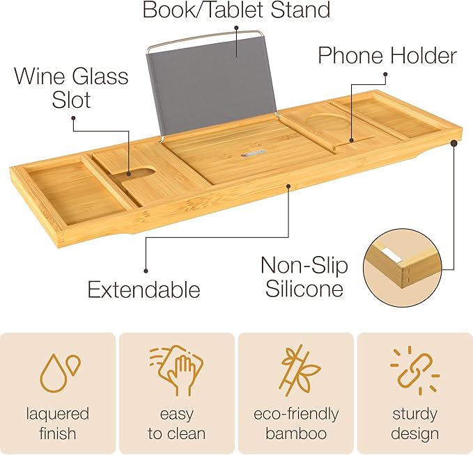 Personalized Bathtub Tray - Custom Engraved Foldable Bamboo Bath Caddy, Expandable Tub Tray Bath Table, for Mom Personalized Mom Birthday Gift, for Wife Gift for Her