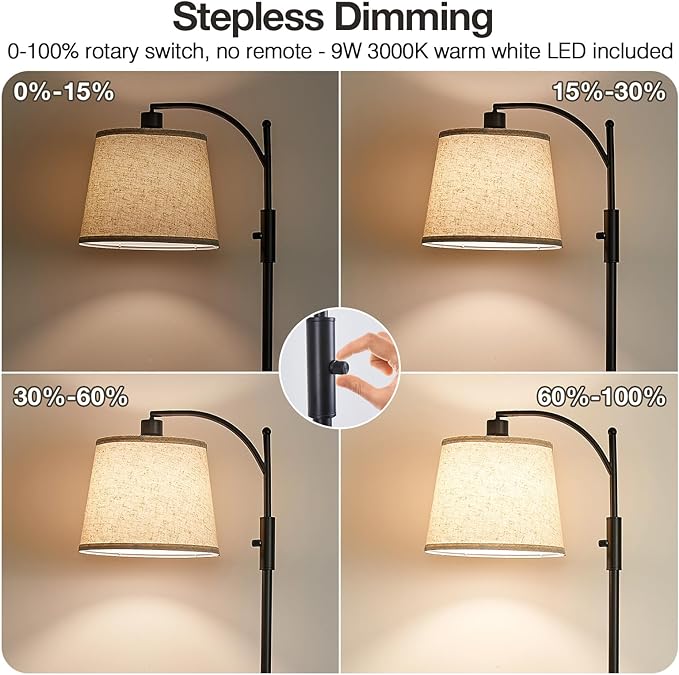 AIDENOEY Fully Dimmable Floor Lamp for Living Room，Standing Lamp Rotary Switch with Table&Linen Beige Shade，Black Tall Lamps for Bedroom with Adjust Head，9W LED Bulb Included