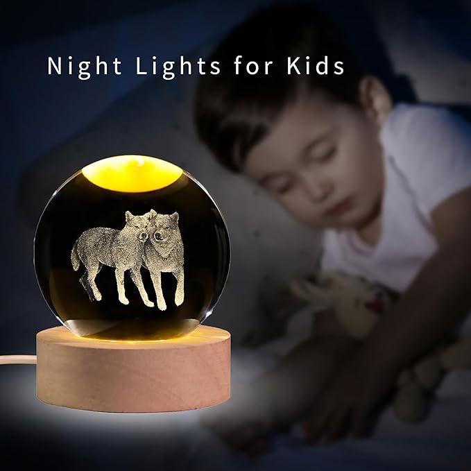 3D Wolf Crystal Ball with LED Light Base, 60mm Glass Sphere Decorative Balls, Wolf Figurine Lamp Gifts for Women Kids