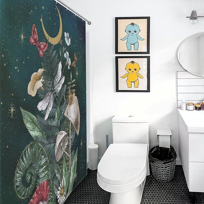 Mushroom Shower Curtain for Bathroom, Fairy Botanical Mushroom Cottagecore Gothic Moth Moon Star Nature Plants Herbs Retro Vintage VWaterproof Fabric Shower Curtain Set with Hooks, 72"x78" Inch