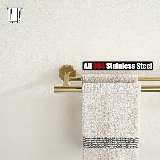 JQK Gold Double Towel Bar, 20.5 Inch 304 Stainless Steel Thicken 0.8mm Towel Rack Bathroom, Towel Holder Brushed Gold Wall Mount, Useable Length 18 Inch 2 Pack, TB100L18-BG-P2