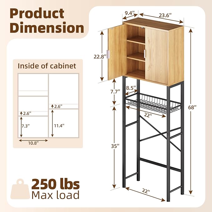 Kalrin Over The Toilet Storage Cabinet with Fluted Wave Doors and Adjustable Shelf, Wood Over Toilet Storage Rack with Drain Basket, Freestanding Bathroom Organizer for Balcony Laundry, Wood & Black