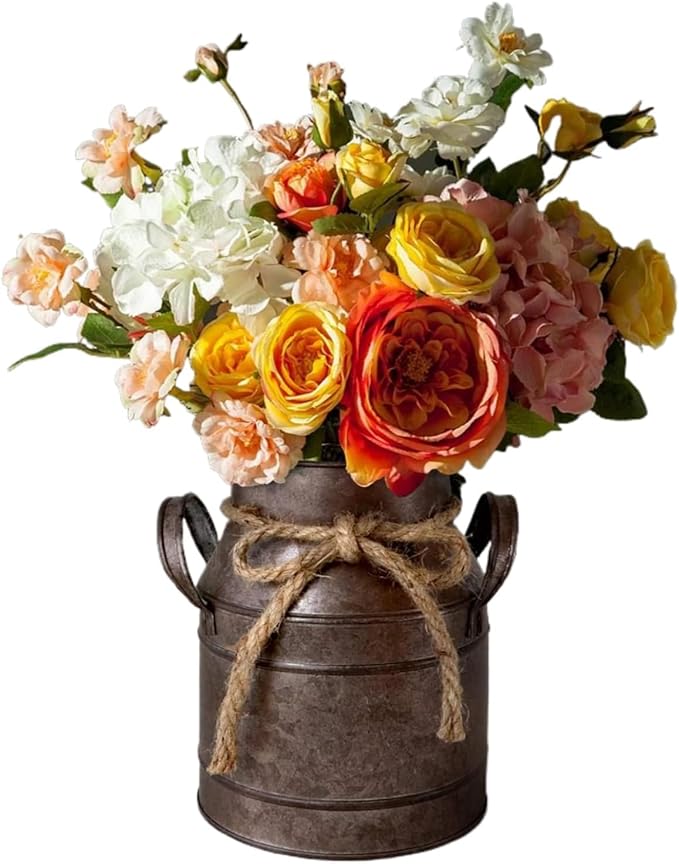 Primitive Distressed Iron Vase Bucket,Shabby Chic Classy Designed Metal Vase,Vintage Rustic Antique Decorative Flower Vase for Birthday Gift,Home Decor,Wedding,Party(5.5" L x 3.5" W x 5.9" H)