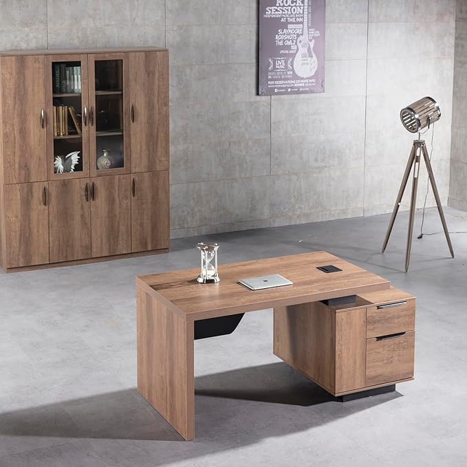 Modern Executive Desk, Rectangle Office Desk with Storage Cabinet, Width Adjustable Desks for Home Office, Business Desk Stand Under Table Storage Organizer, Wood