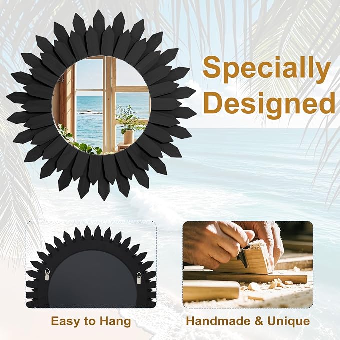 Boho Wood Sunburst Round Wall Mirror, 20 Inch Rustic Circle Wooden Frame Decorative Mirror for Farmhouse Coastal Home, Home Wall Decor for Living Room Entryway Bedroom, Black