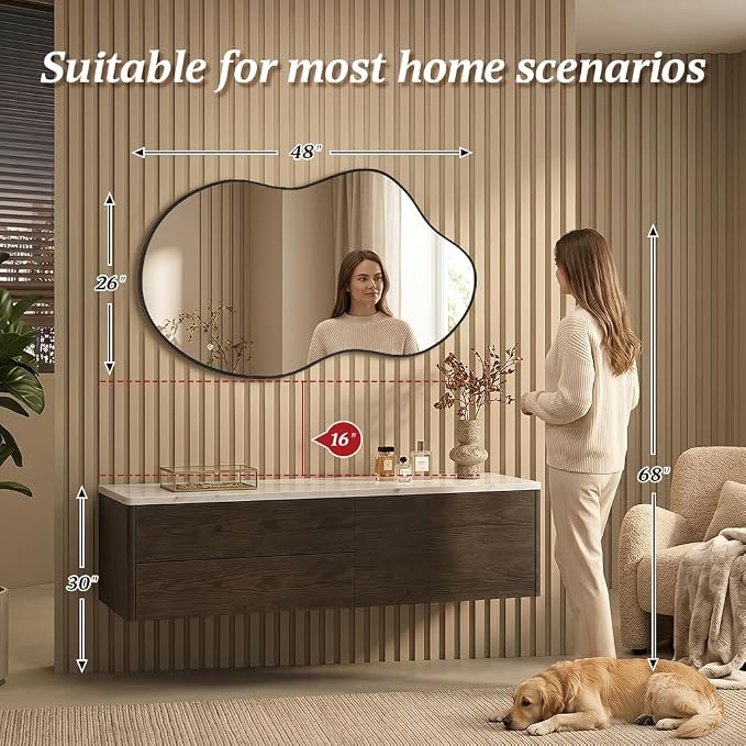 Irregular Asymmetrical Wall Mirror 26x48 Inches - Decorative Tempered Glass with Modern Aluminum Alloy Frame, Black Abstract Cloud Mirror for Bathroom, Bedroom, Living Room, Entryway, Cloakroom