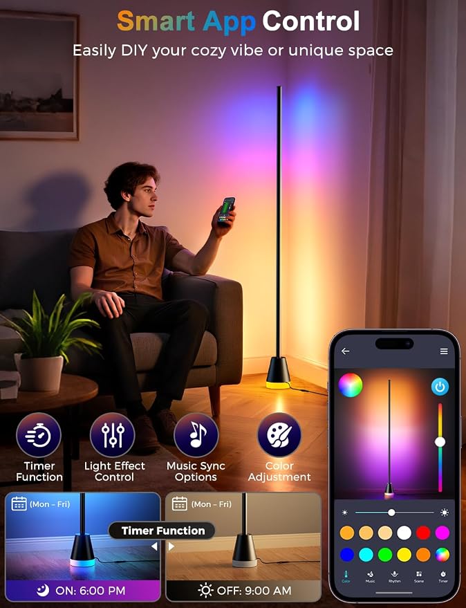 Corner Floor Lamp, Smart RGB Lamps for Living Room Bedroom, APP & Remote Control Tall Standing LED Lights, 16 Million DIY Colors Modern Ambient Lighting with Music Sync & Timer, Jet Black