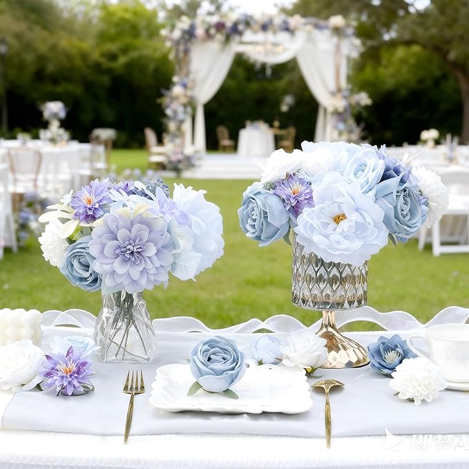 SwanMoon Artificial Flowers Combo Box Set, 26pcs Blue Silk Roses & Daisy with Stems for DIY Wedding Bouquets, Party Centerpieces & Home Decor