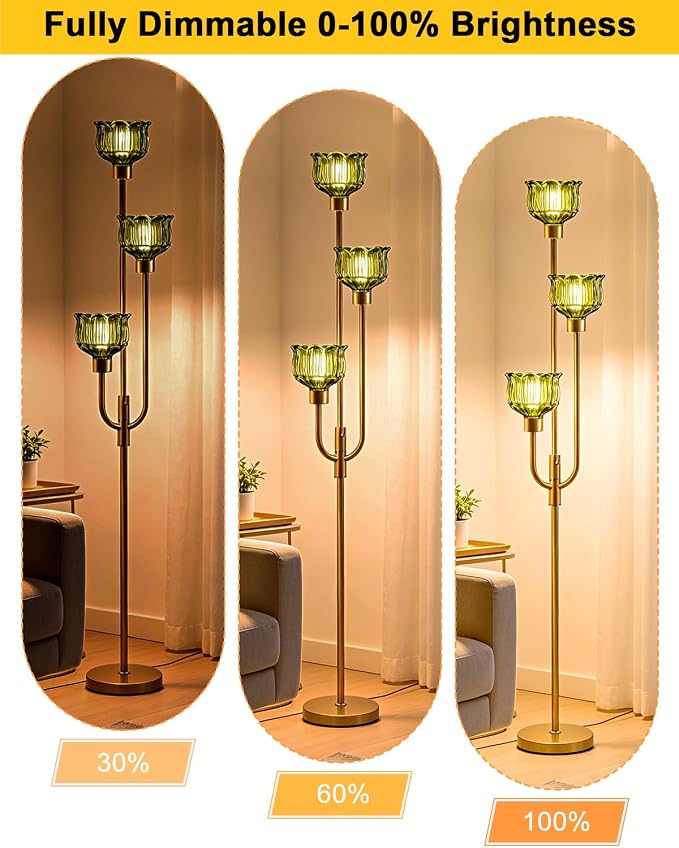 Lightdot 3-Lights Modern Glass Floor Lamp 66IN Gold Dimmable Floor Lamps with 3000K Warm White Bulbs for Wedding Party Tall Standing Lamp with Green Glass Shade for Living Room/Bedroom/Home Decor