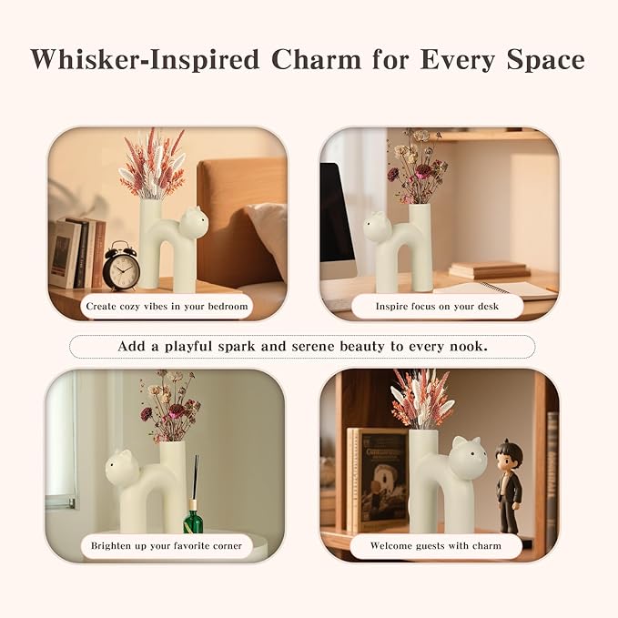 Cat Lover Gift – Minimalist Animal Vase for Dried Flowers, Pampas Grass – Calm Shelf Decor for Women, Cat Moms, Girlfriend, or Neutral Rooms