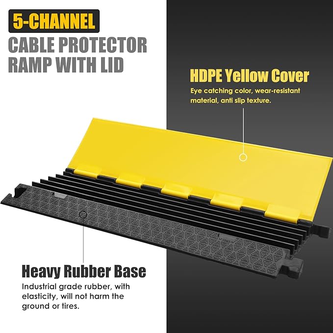 OranLite Rubber Cable Protector Ramp, Heavy Floor Cable Wire Cord Cover Speed Bumps 22000Lbs Load Capacity, Driveway Hose Cable Ramp Protective Cover for Indoor and Outdoor (5-Channel x 2Pcs)