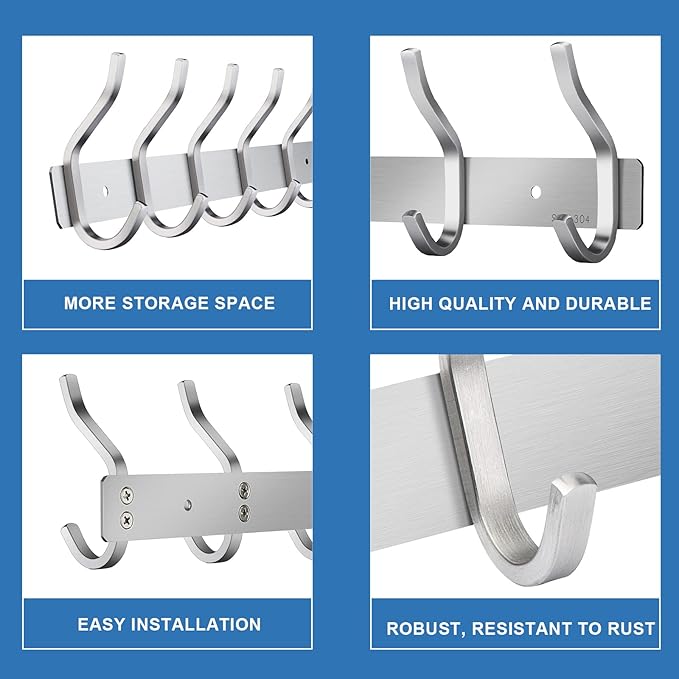 HAMUTH Wall Hooks Heavy Duty, 23 Inch Coat Rack Wall Mount with 8 Hooks, Silver Wall Hooks Hangers for Entryway, Bathroom - for Hanging Backpack, Bag, Coat, Purse, Hat, Towel, Clothes,2 Packs