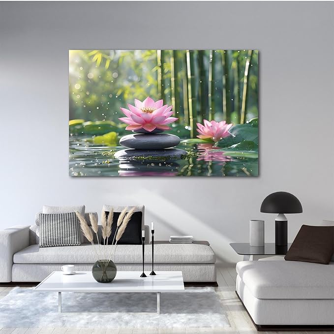 Ethereal pink lotus on obsidian Sunlit bamboo forest with sparkling water drops Poetic nature inspired wall art for tranquil homes and mindful spaces 12x18in Wood Framed