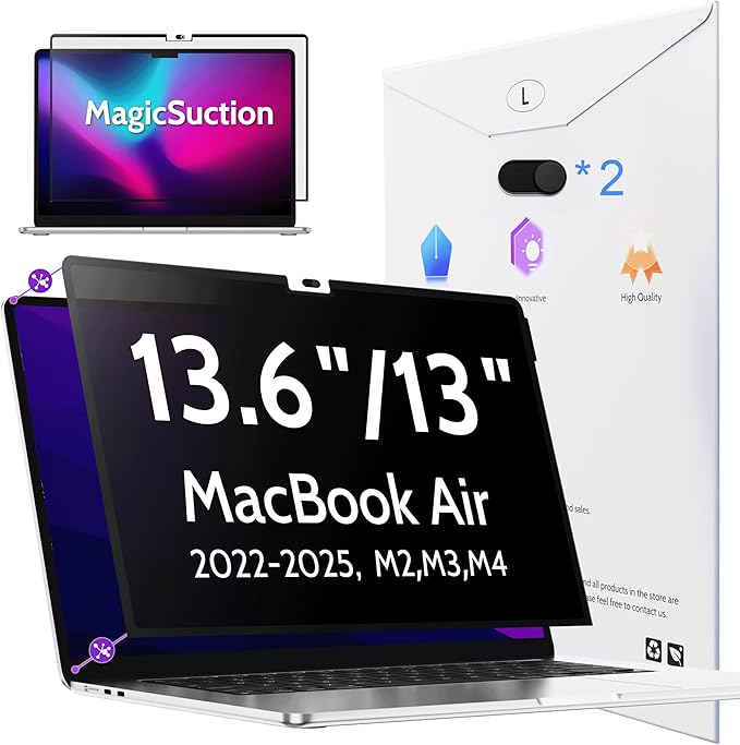 Peslv Privacy Screen for MacBook Air 13.6/13 Inch (2022-2025, M2, M3, M4) - A2681, A3113, A3240 MagicSuction™ Removable Anti Spy Black Protector, Glare Blue Light Filter for Mac Laptop Computer