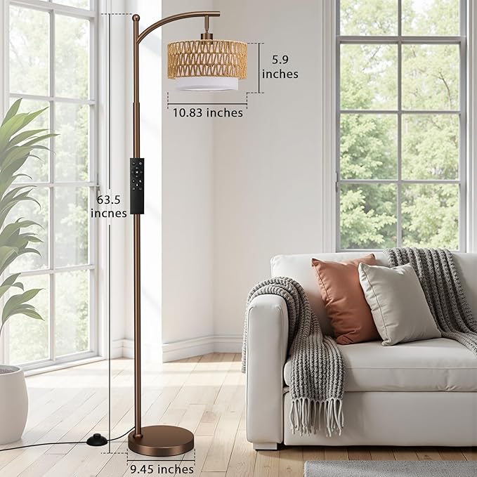 Ambimall Arc Floor Lamp for Living Room with Remote, Color Temperature & Brightness Adjustable, Boho Standing Lamp with Rattan & Fabric Double Drum Shades, Bulb Included(Brown)