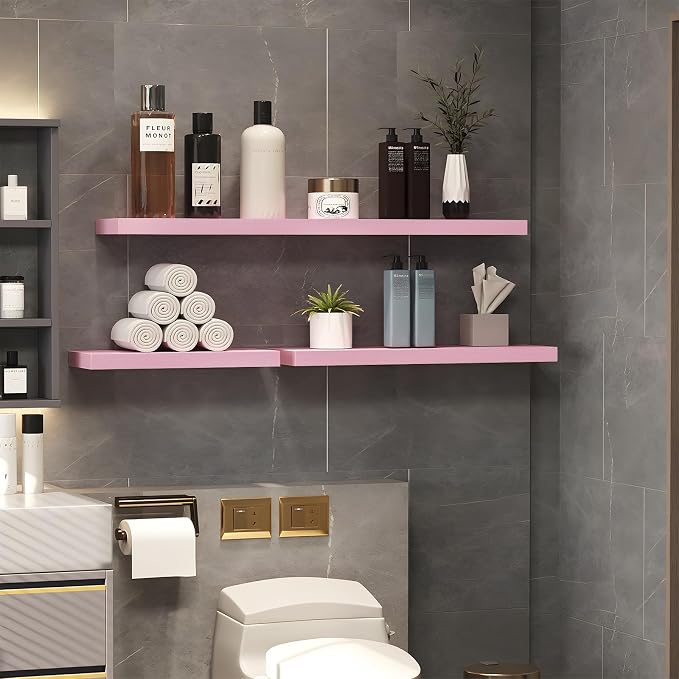 SAUMONIERES Floating Wall Shelves for Bedroom Bathroom Wall Mounted Solid Wood Shelf 24 Inch Set of 3, Pink Floating Shelves