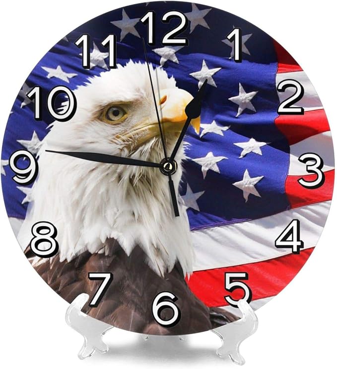Bald Eagle Patriotic American Flag Wall Clock Battery Operated Silent Round Clock Wall Decor for Home, Office, School 9.8 Inch