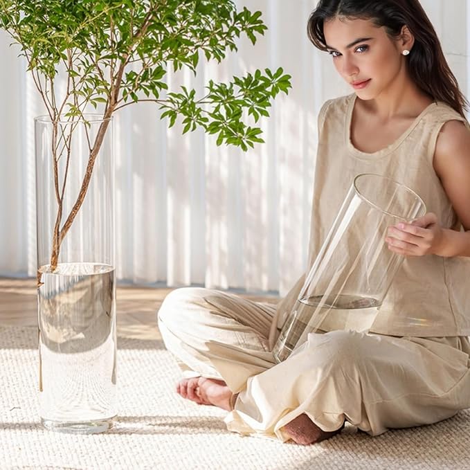 Extra Large Acrylic Cylinder Clear Vase for Floor, 20 in Tall Big Wide Mouth Plastic Unbreakable Hurricane Flower Vases of 3 for Home Decor (D 8", D 6", D 4.8" + 3 Holder)